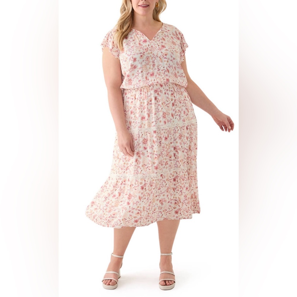 NWT Lucky Brand Floral Pink/Off-White Tiered Midi Dress with V-Neck-2X